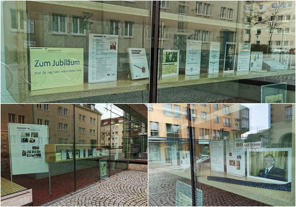 Fotos der Ausstellungsvitrine im Erdgeschoss der Hauptbibliothek (Außenansicht)