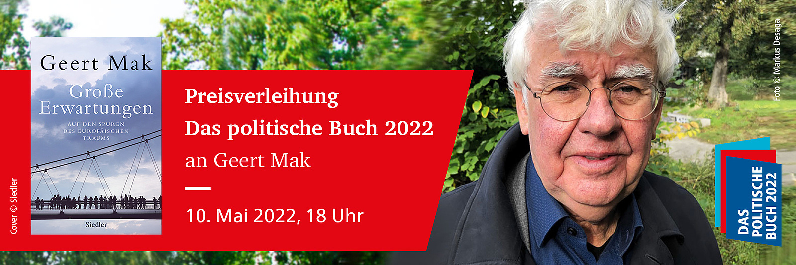 Portrait Geert Maks mit der Ankündigung "Preisverleihung Das politische Buch 2022 an Geert Mak am 10. Mai 2022, 18 Uhr